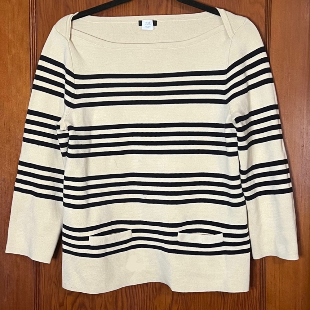 J. Crew Cream/Navy Striped Boatneck Popover Sweater Sz S
